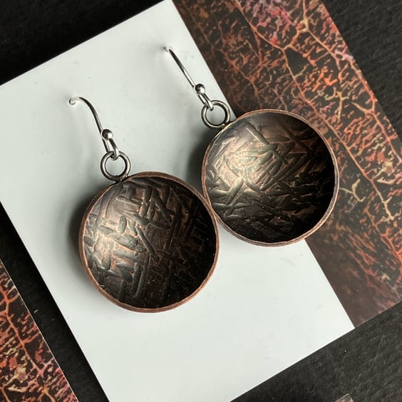 Oxidised copper bowl dangle earrings with sterling silver hooks.