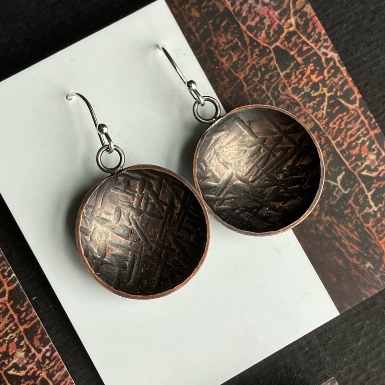 Oxidised copper bowl dangle earrings with sterling silver hooks.