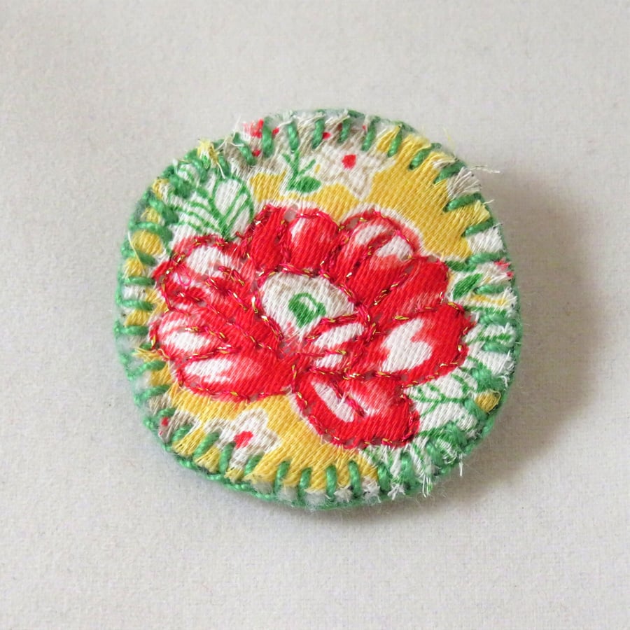 Red on Yellow  Flower badge style brooch metallic thread on vintage fabric