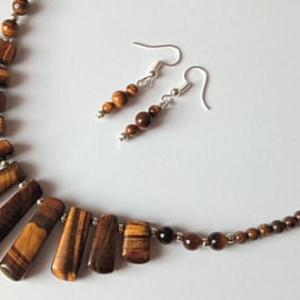 Genuine Brown Tiger's Eye Gemstone Chunky Tapered Necklace & Earrings Gift Set