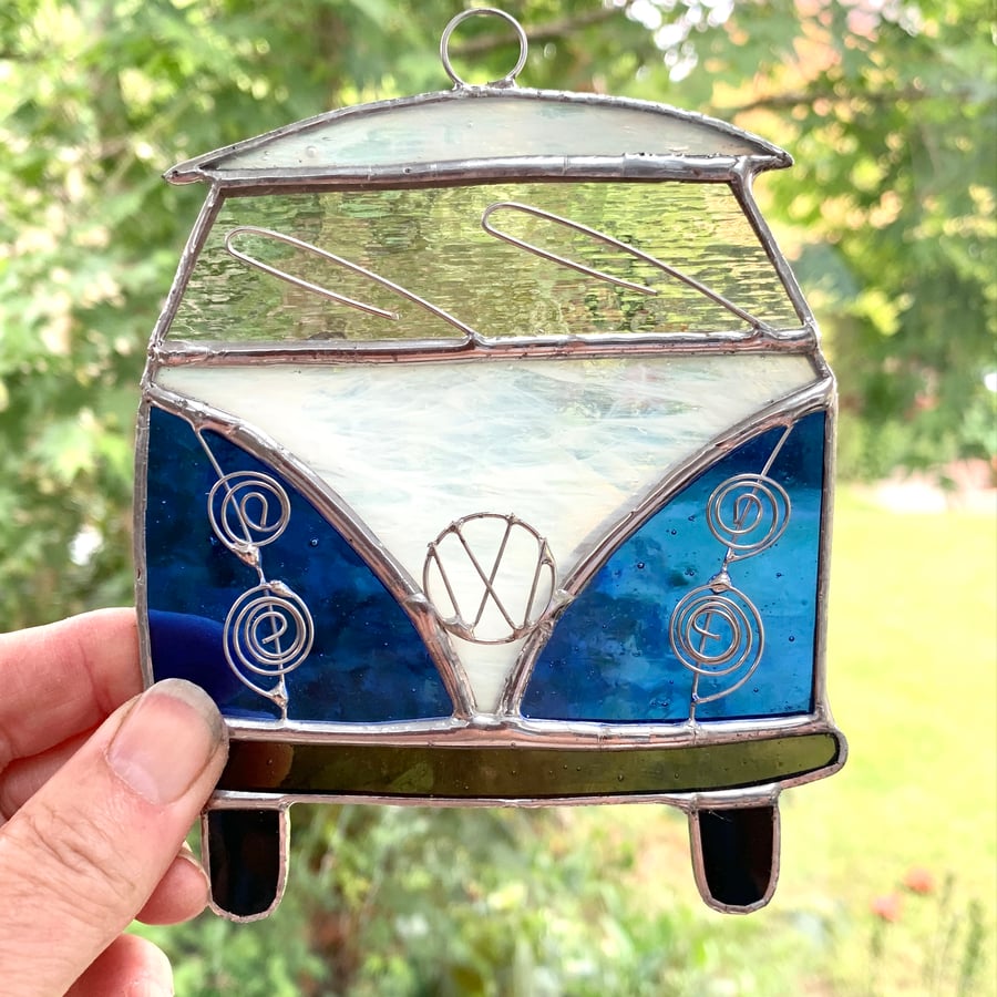 Stained Glass Camper Van Suncatcher - Handmade Decoration - White and Blue