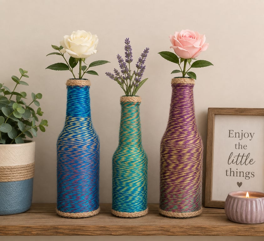 Set Of 3 Marble-effect Yarn Wrapped Bottles