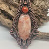 Sunstone and carnelian wire weave copper pendant