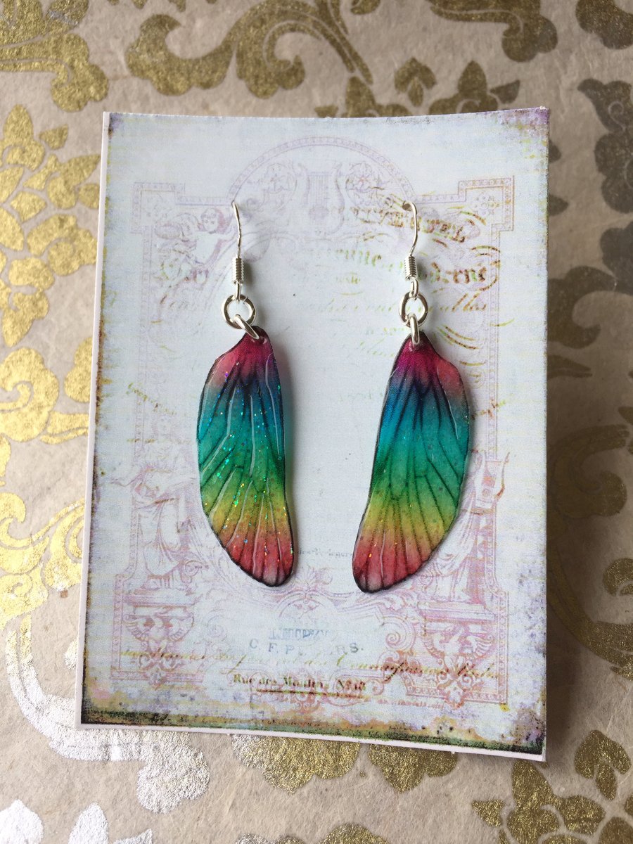 Shiny Happy Rainbow Glitter Sterling Silver Fairy Wing Earrings