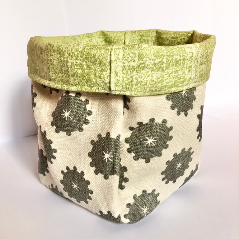 Cream and Green Reversible Fabric Storage Basket