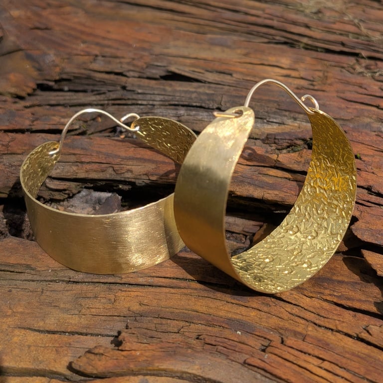 Handmade Brass Hoop Earrings; Short Textured Gold Filled Hoops