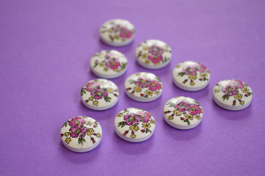 15mm Wooden Floral Buttons Cerise Pink Yellow Green 10pk Flowers (SF15)