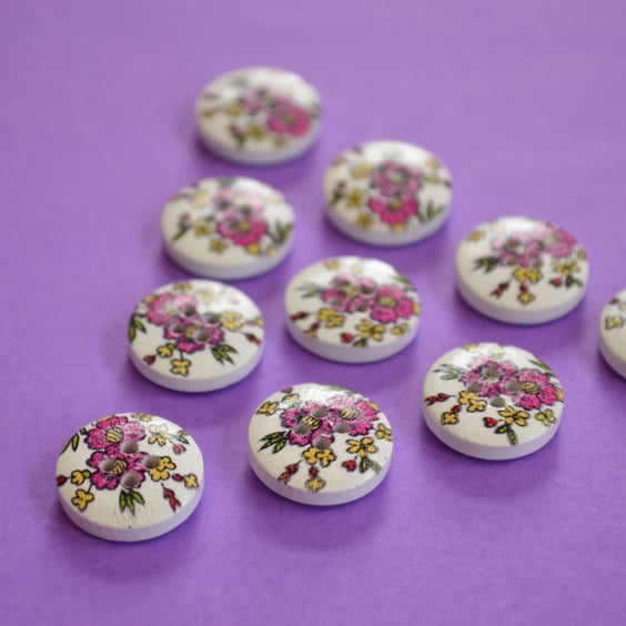 15mm Wooden Floral Buttons Cerise Pink Yellow Green 10pk Flowers (SF15)