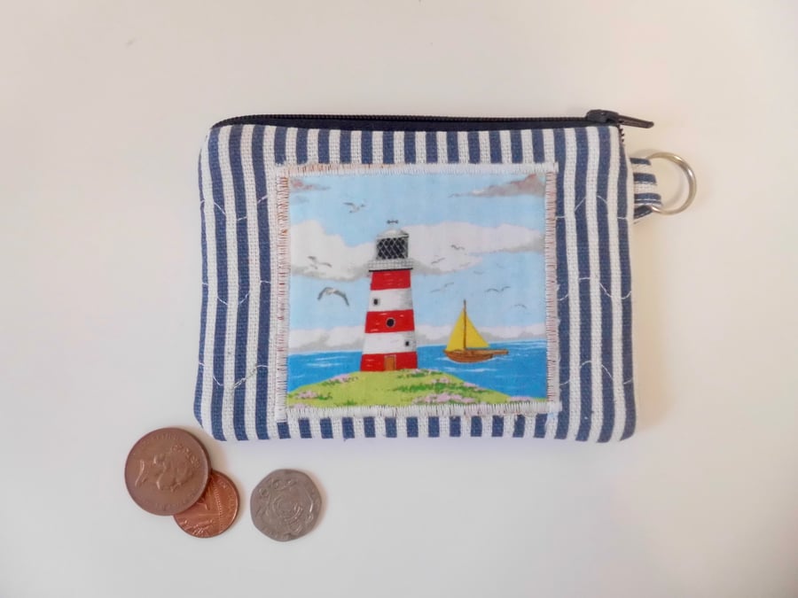 SOLD Coin purse lighthouse and sail boat coastal scene make up