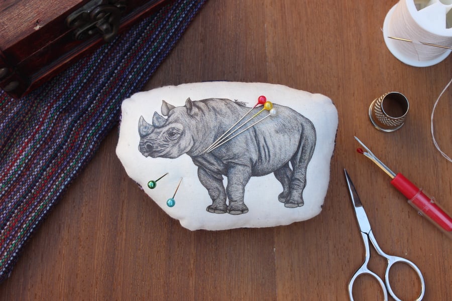 Rhino Welsh Tweed Magnetic Pin Cushion - Animal Plush Needle Minder Gift