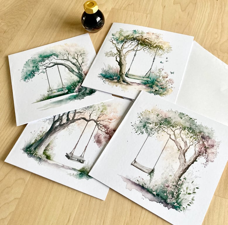 Country Tree Swing greeting cards Pack 4 6x6 with Envelopes