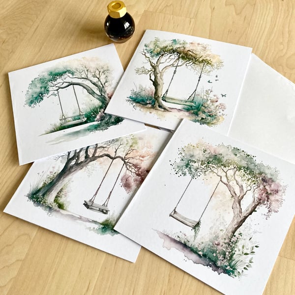 Watercolour Print Country Tree Swing cards Pack 4