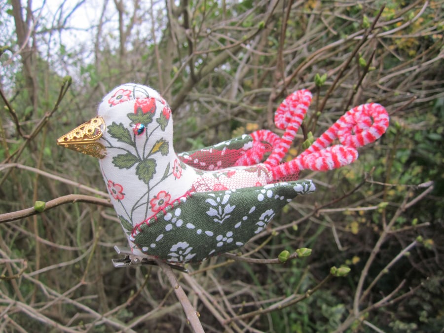  Handmade textile bird decoration - Strawberry blossom