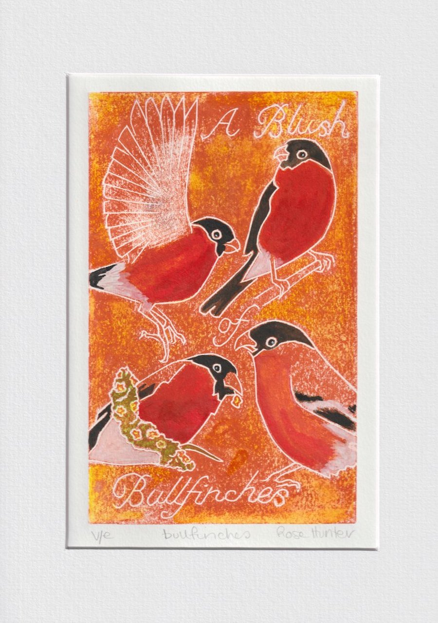 A Blush of Bullfinches - 001 original hand painted Lino print