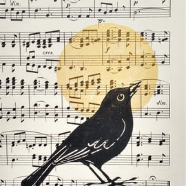 'Evensong' Blackbird original lino cut print 