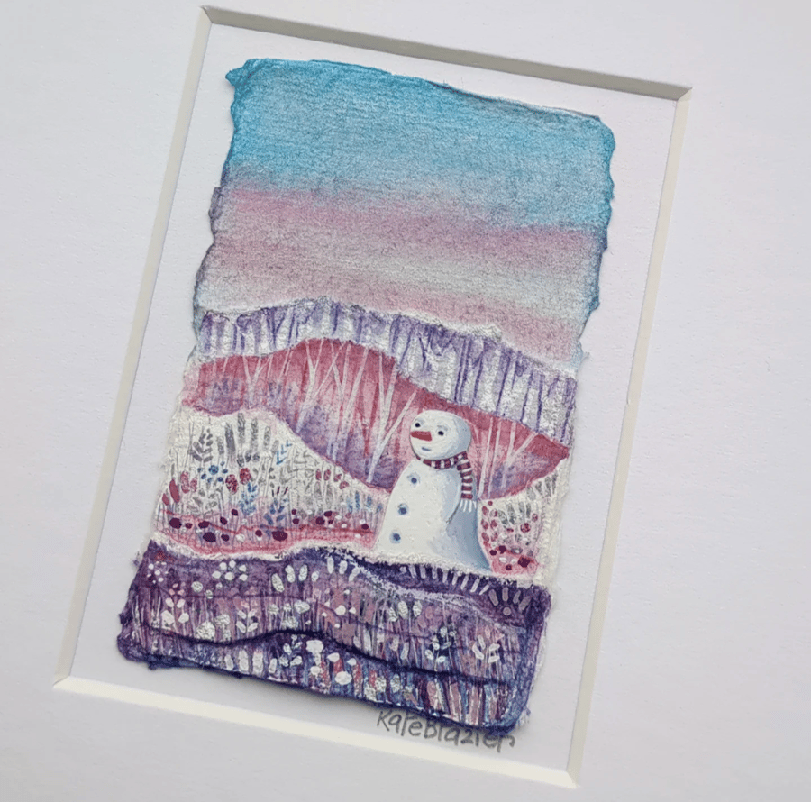 Tiny Snowman - Original miniature collage. A5 Framed 
