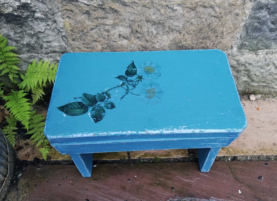 Vintage hand painted wooden step stool with blue rose design
