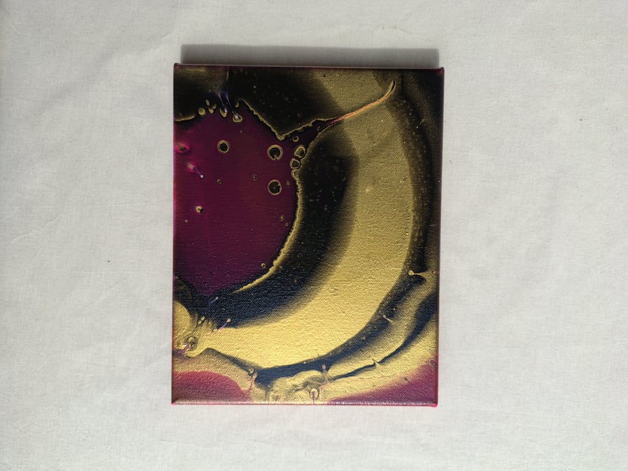 Acrylic Pour Art Canvas, Wall Art - Black, Magenta and Gold Colour Scheme
