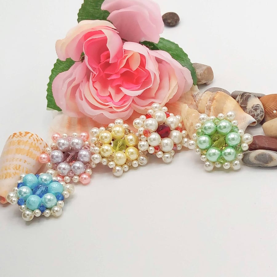 Hand Sewn Flower Shaped Pearl and Crystal Brooch, Jewellery Gift for Her