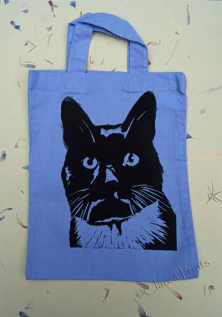 Purple Cat Tote Linocut Hand Printed Mini Tote Shopping Bag