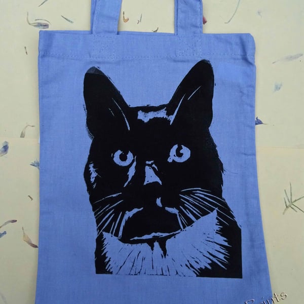 Purple Cat Tote Linocut Hand Printed Mini Tote Shopping Bag