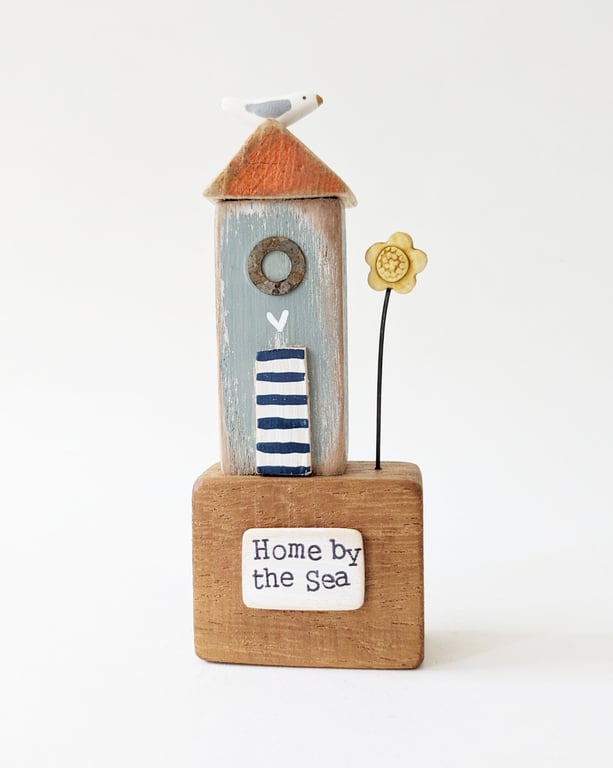 Tall Wooden Sea Hut with Clay Flower and Seagull 'Home by the Sea'