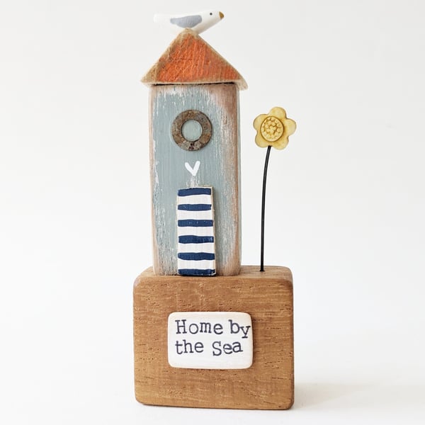 Tall Wooden Sea Hut with Clay Flower and Seagull 'Home by the Sea'
