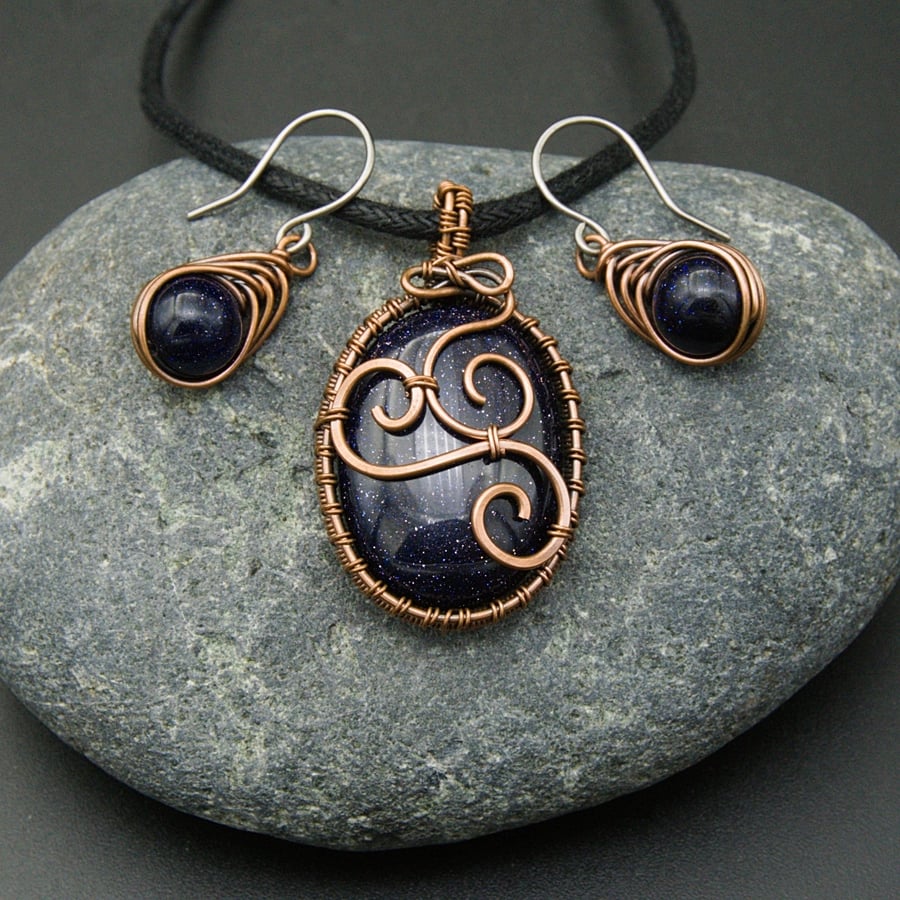 Copper Wire Weave Wrapped Blue Goldstone Pendant & Matching Earrings