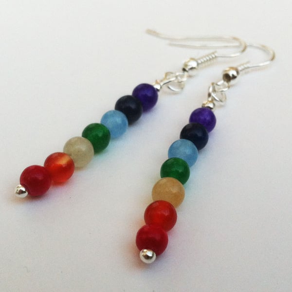 Gemstone Chakra Bead Meditation Rainbow Earrings Silver Plate 