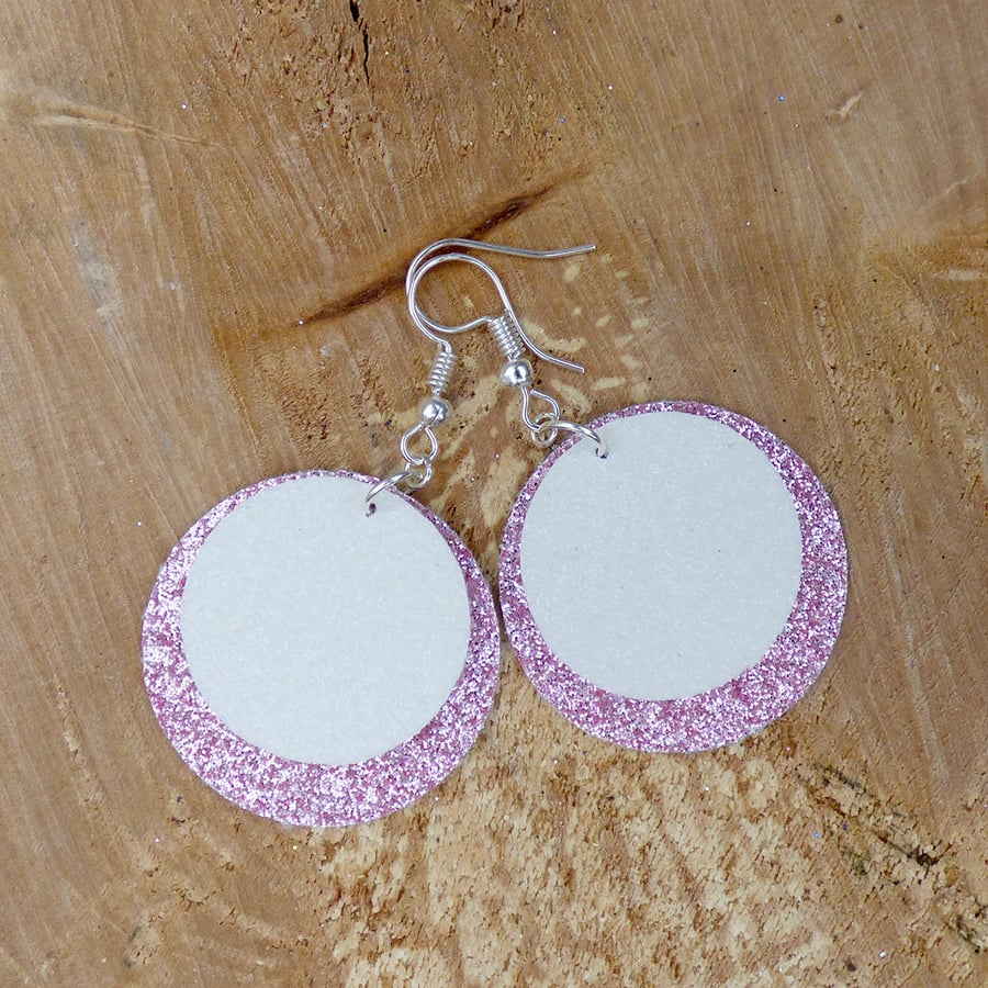 White & Pale Pink Glitter Faux Leather Double Layer Circle Earrings