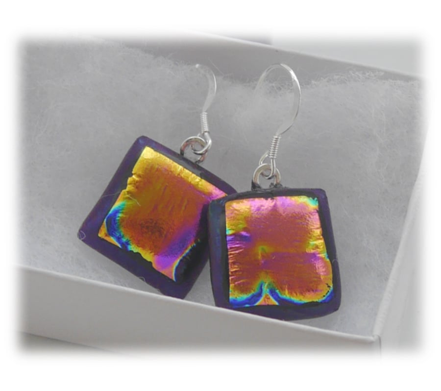 Handmade Fused Dichroic Glass Earrings 198 Cranberry Squares