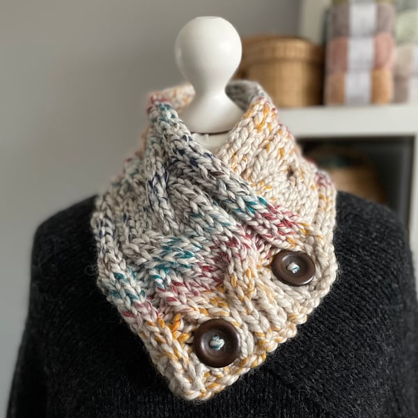Hand Knitted Button up Scarf - Light Multi
