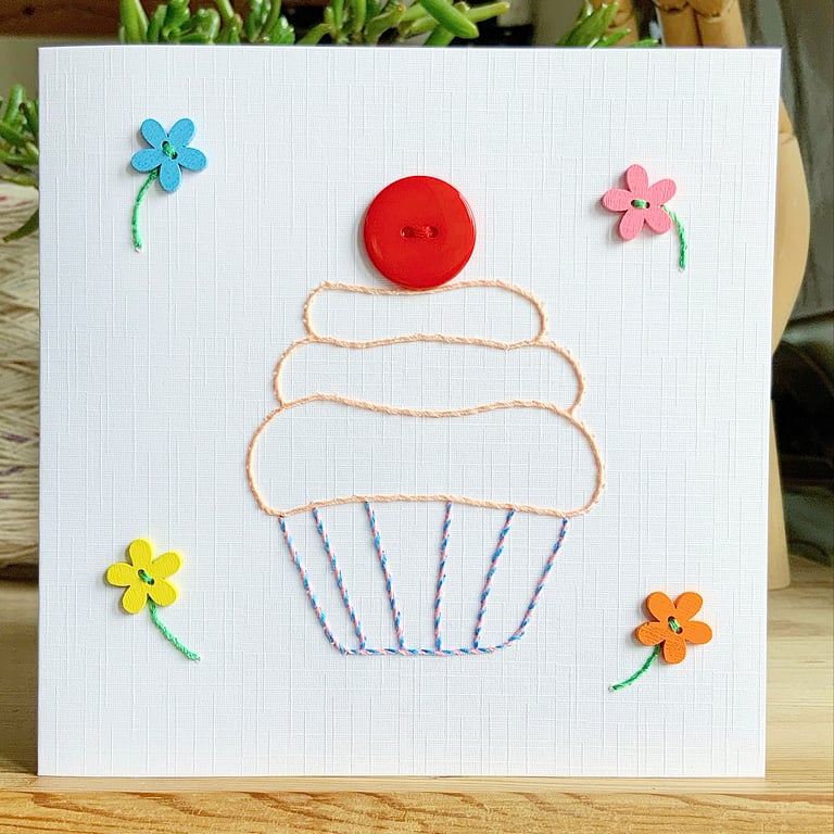 Hand Sewn Card. Cupcake Card. Cupcakes. Birthday Card. Embroidered Card.