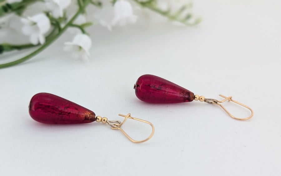 Dark Ruby Murano Glass Earrings: 24 kt Gold foil, Gold Filled Beads and Earwires