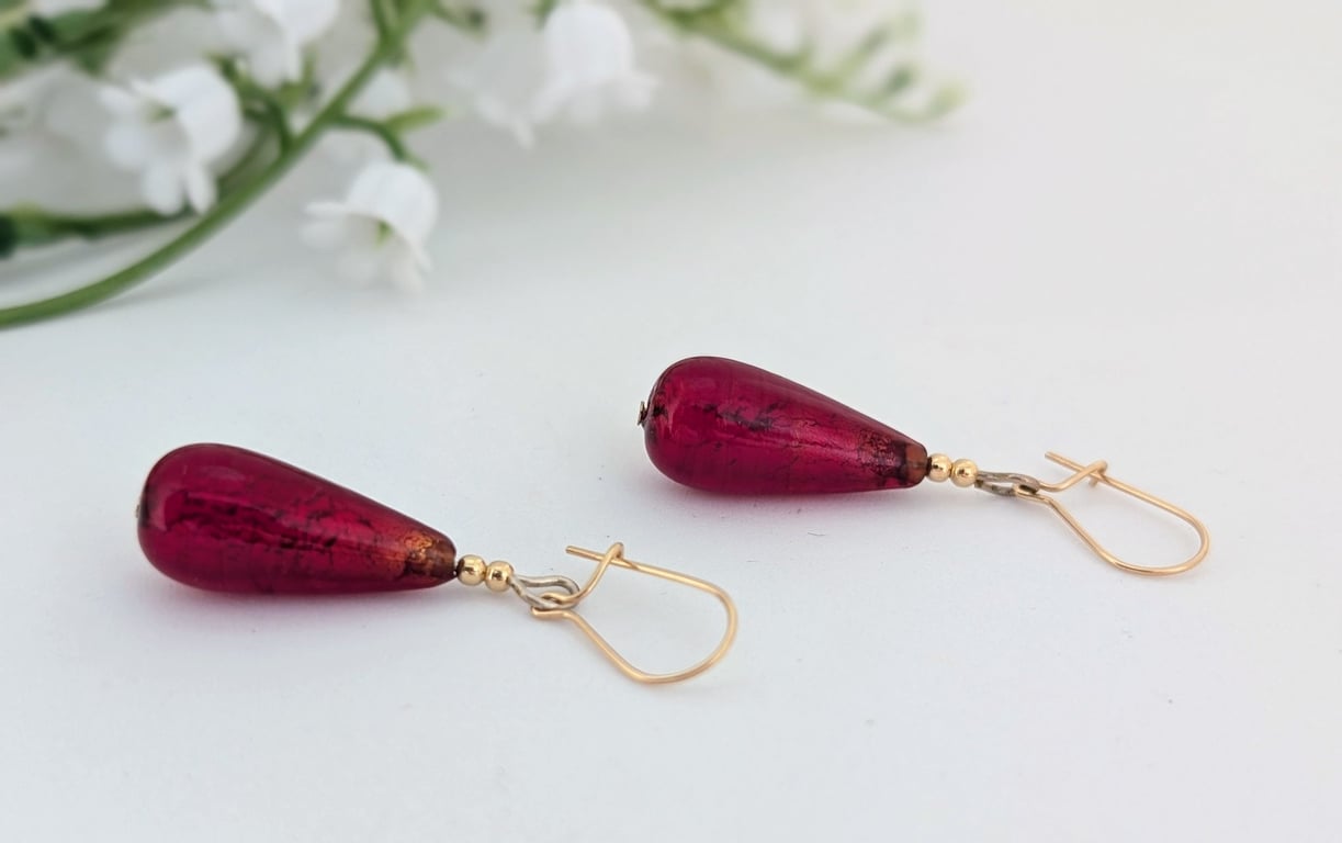 Dark Ruby Murano Glass Earrings: 24 kt Gold foil, Gold Filled Beads and Earwires