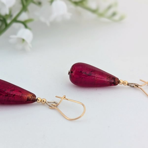 Dark Ruby Murano Glass Earrings: 24 kt Gold foil, Gold Filled Beads and Earwires