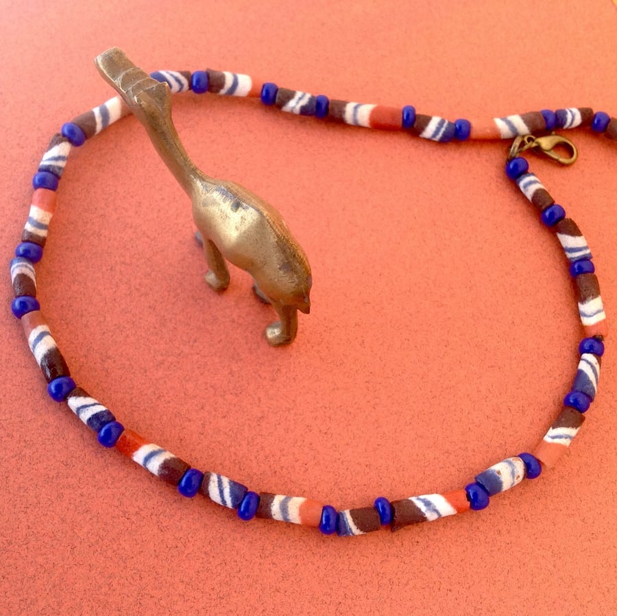 Unisex glass bead necklace with vintage African recycled glass and lapis lazuli