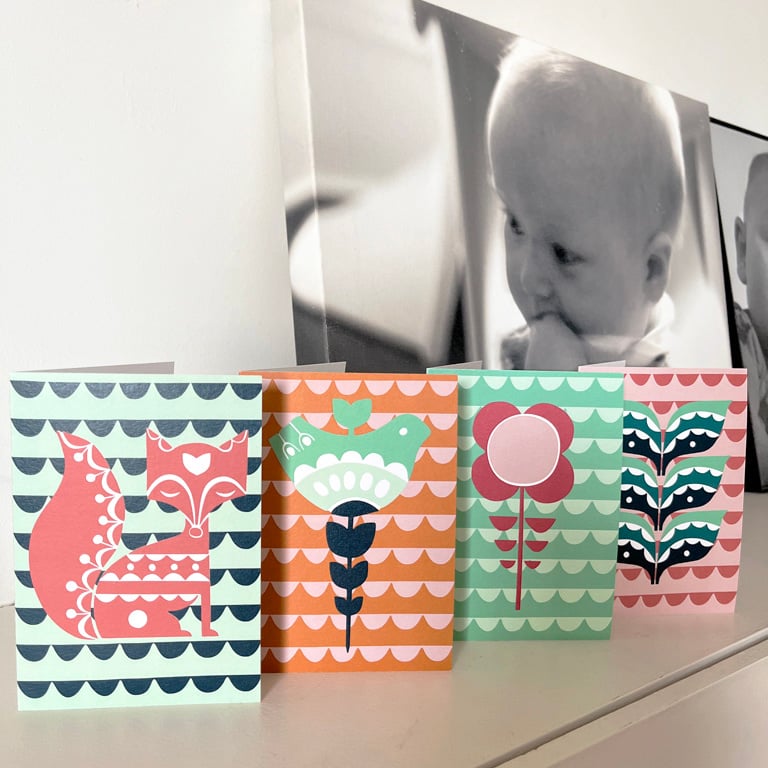 Set of 4 Cards – Fox, Bird, Daisy & Leaf Designs, From original Lino print,Blank