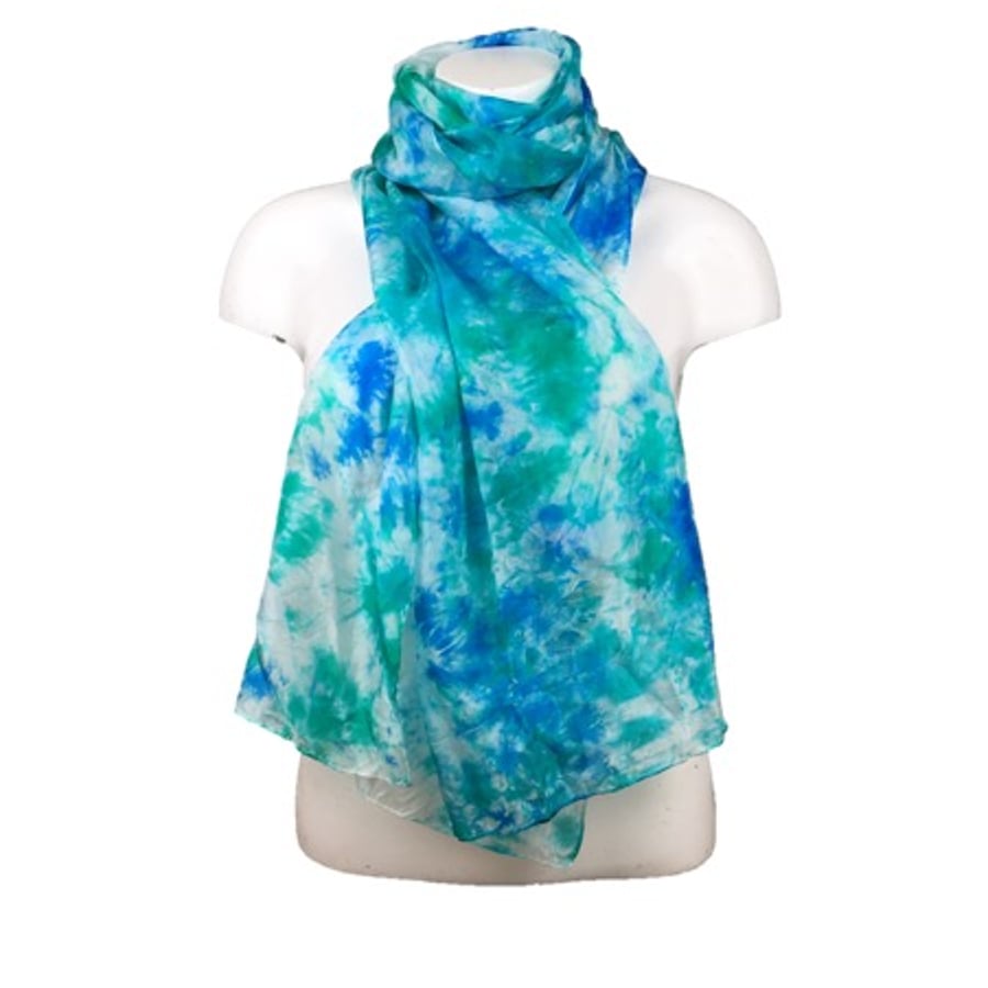 Large Silk scarf, hand dyed in blue, green and turquoise shades