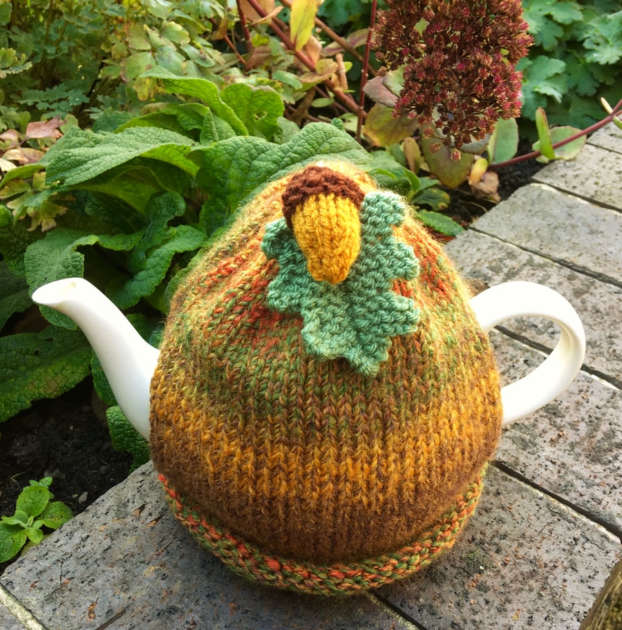 Autumn Colour Tea Cosy With Oak Leaf and Acorn, Hand Knitted Fall Tea Cozy