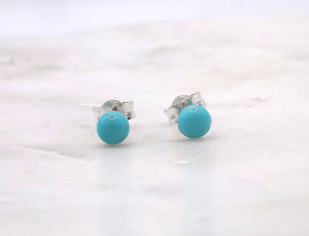 Turquoise Round Cabochon 4mm Gemstone Sterling Silver Stud Earrings.