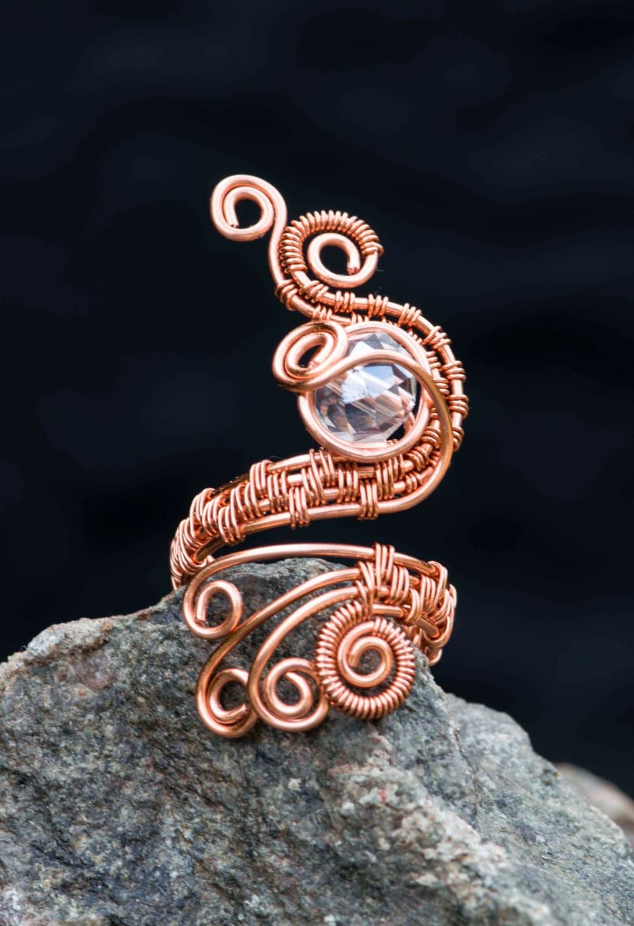 Copper ring,Swarovski copper ring-adjustable,wire wrapped peacock ring design.