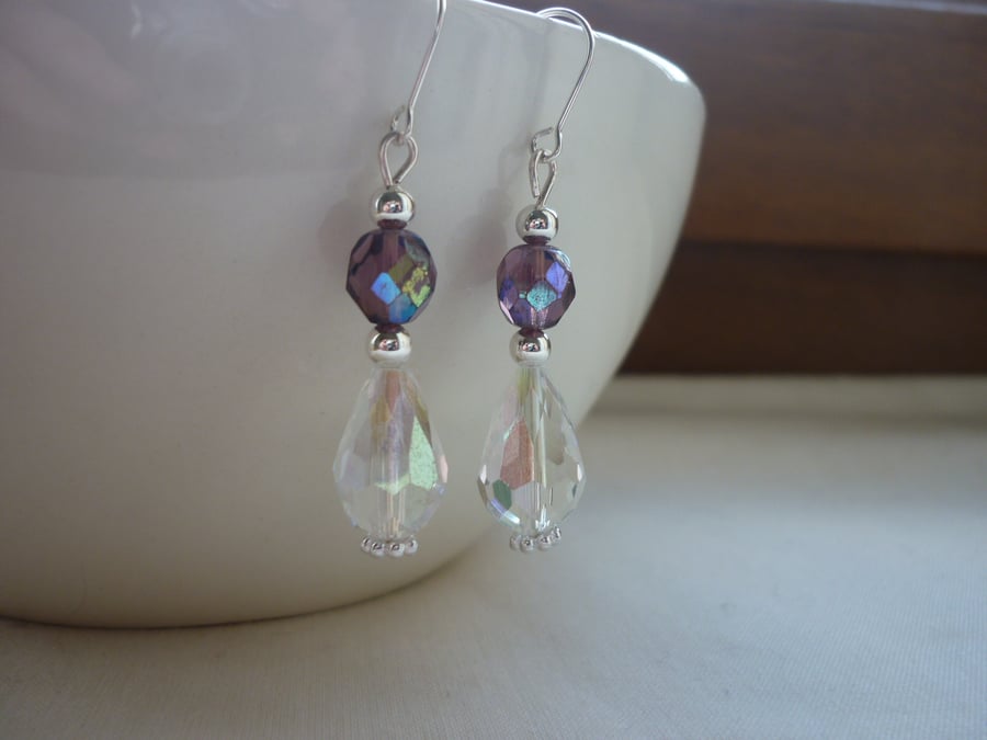 DEEP PINK, AB CRYSTAL AND SILVER EARRINGS.  1104