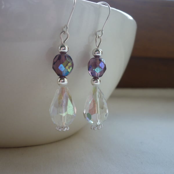 DEEP PINK, AB CRYSTAL AND SILVER EARRINGS.  1104