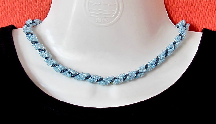 Slimline Choker of Light Blue, Silver Lined & Hematite Seed Beads Rope Necklace