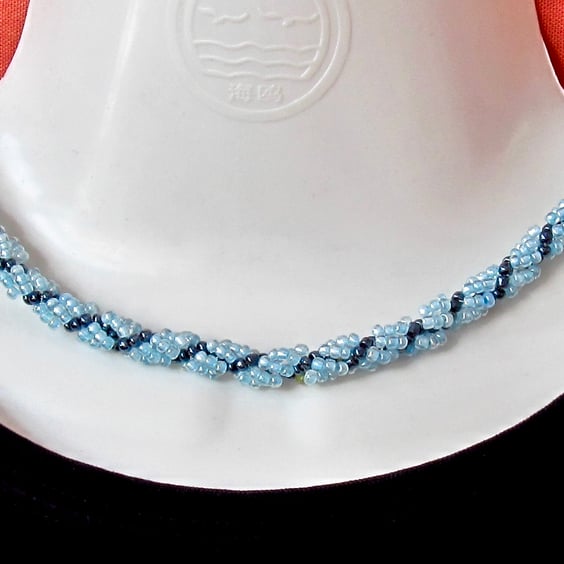 Slimline Choker of Light Blue, Silver Lined & Hematite Seed Beads Rope Necklace