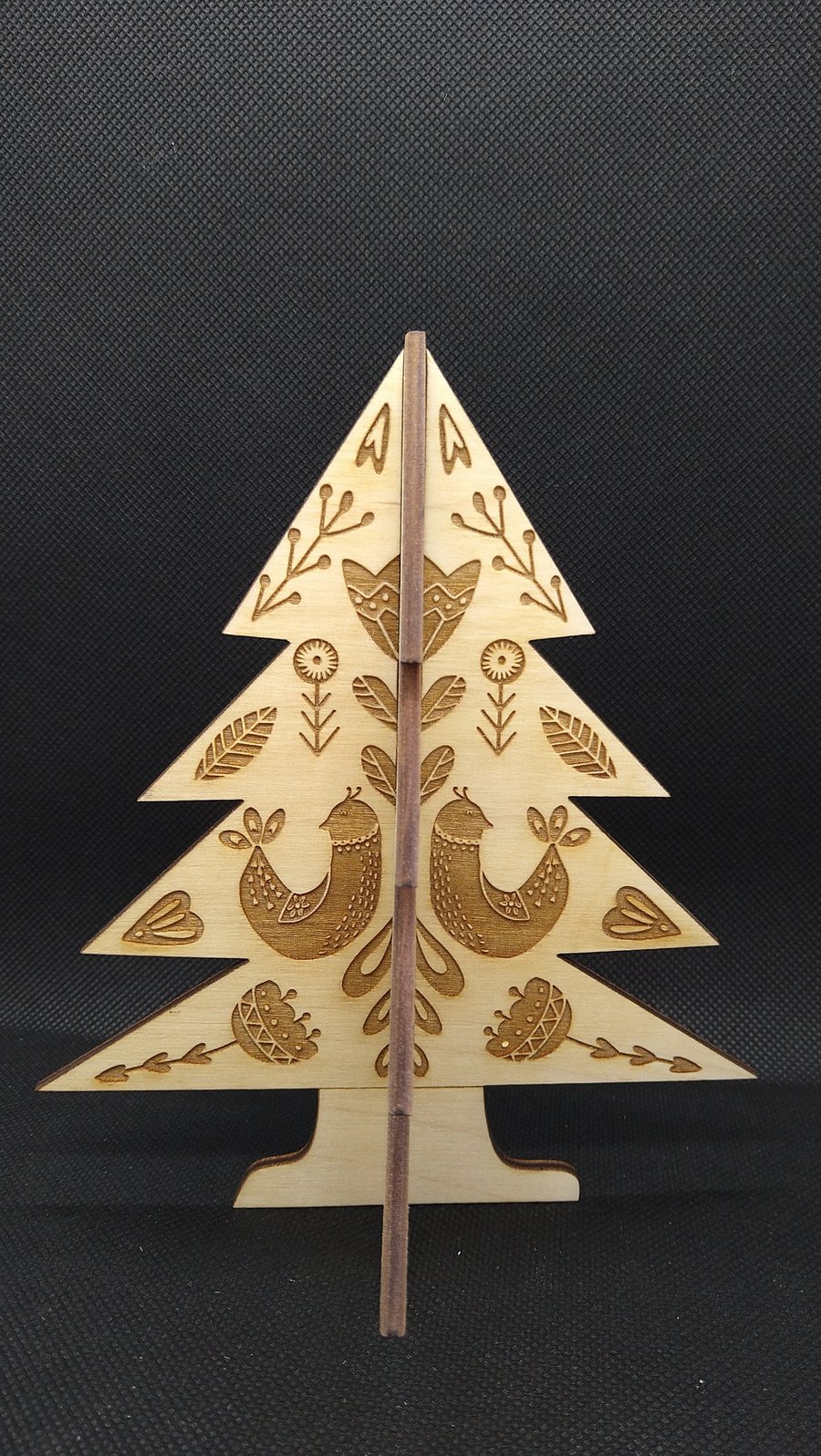 Folk art Christmas tree, etched on all sides, Wooden 3D Tree, hand drawn