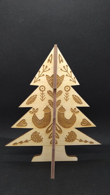 Folk art Christmas tree, etched on all sides, Wooden 3D Tree, hand drawn