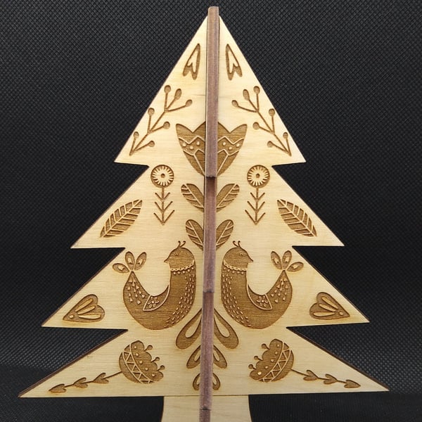 Folk art Christmas tree, etched on all sides, Wooden 3D Tree, hand drawn