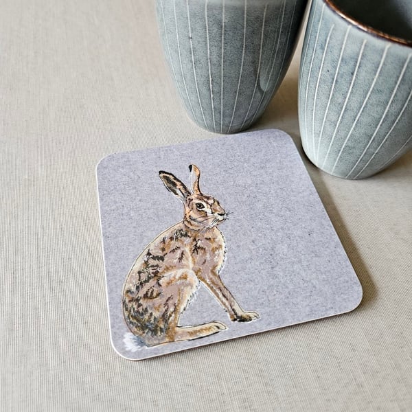 Coaster, Hare coaster, melamine mat, cork backed, countryside animal coaster